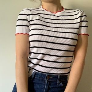 Zara Lettuce Edge Stripped Mock Neck Sweater